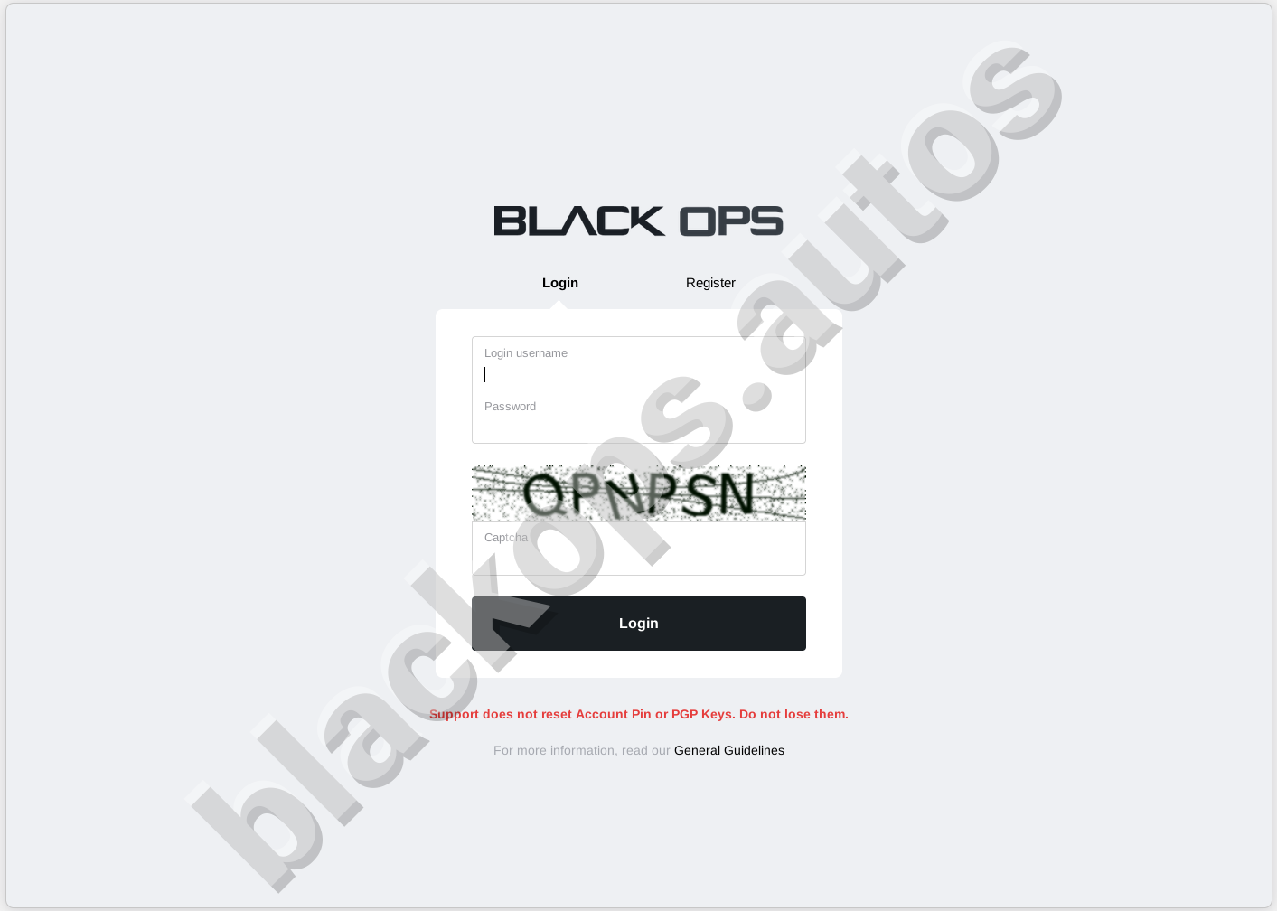 BlackOps login page requiring PGP key and 2FA – Blackops market link access